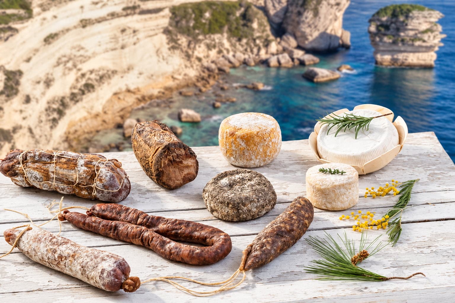 Korsische Wurstwaren und Käse vor den Klippen von Bonifacio