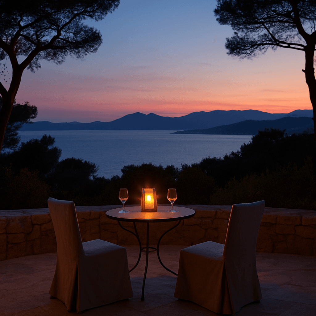 Terrasse de pierre au crépuscule surplombant le golfe de Porto-Vecchio, Domaine Diva