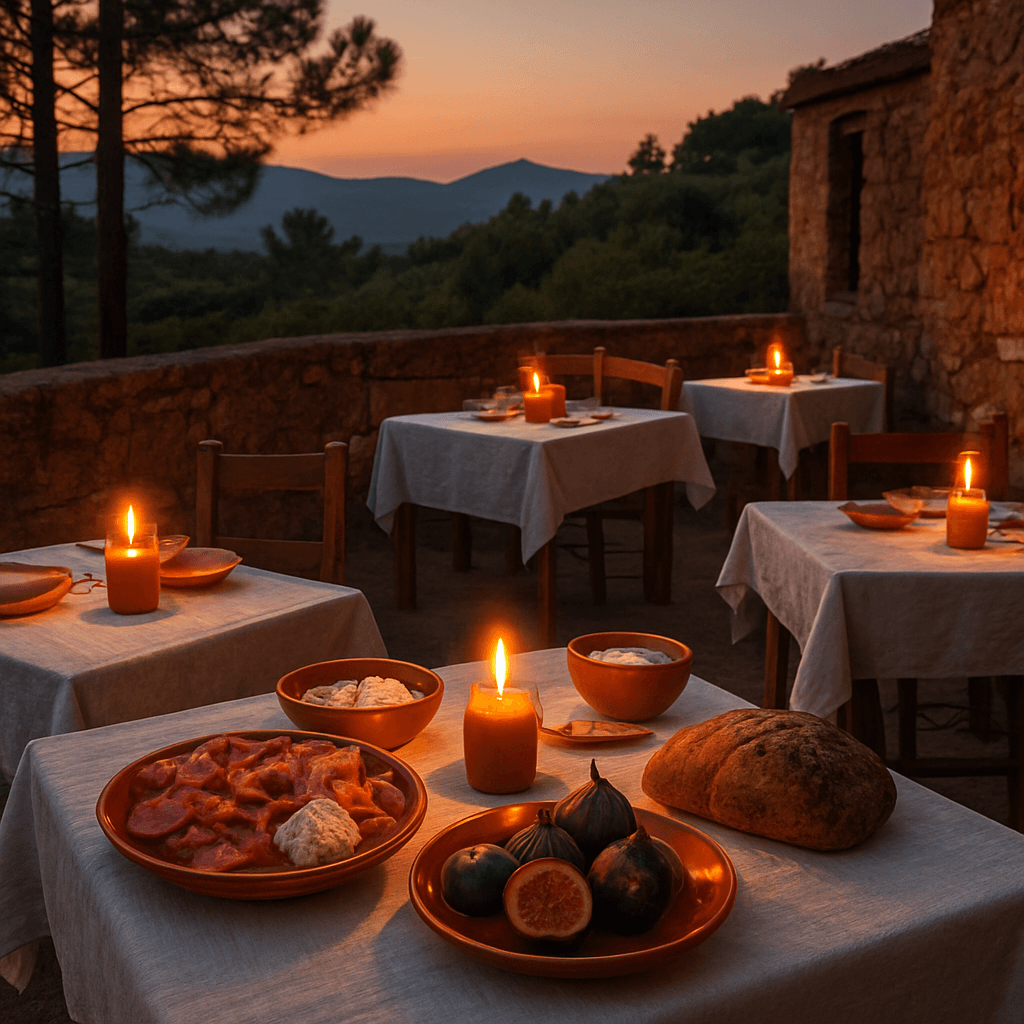Restaurant en terrasse corse à la tombée du jour, murs de pierre, chandelles et plats locaux