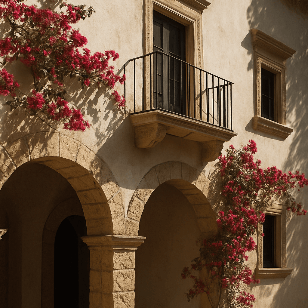 Arches de pierre et bougainvilliers sur la façade du Domaine Diva