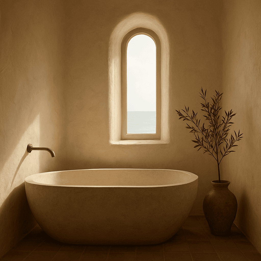 Baignoire de pierre dans une salle de bain aux enduits sculptés