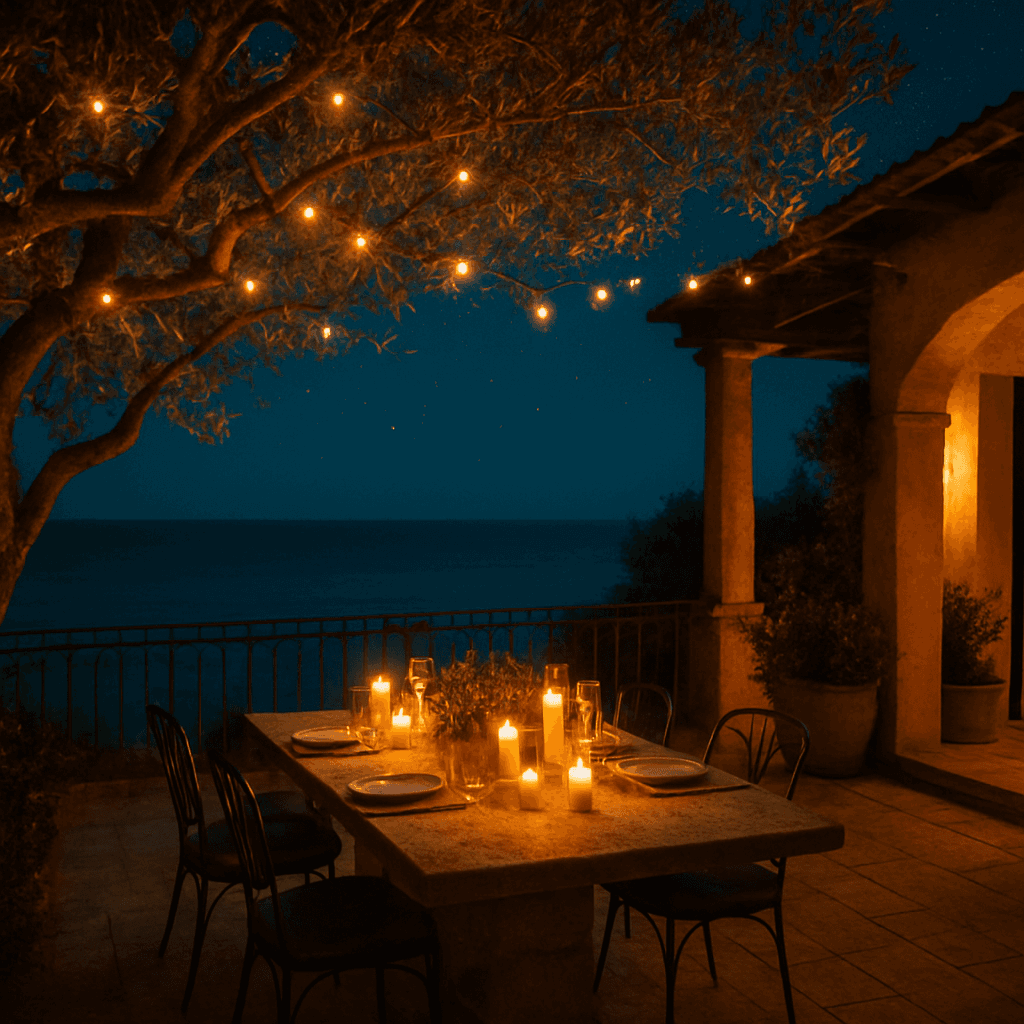 Dîner en plein air aux chandelles sous les oliviers, la nuit
