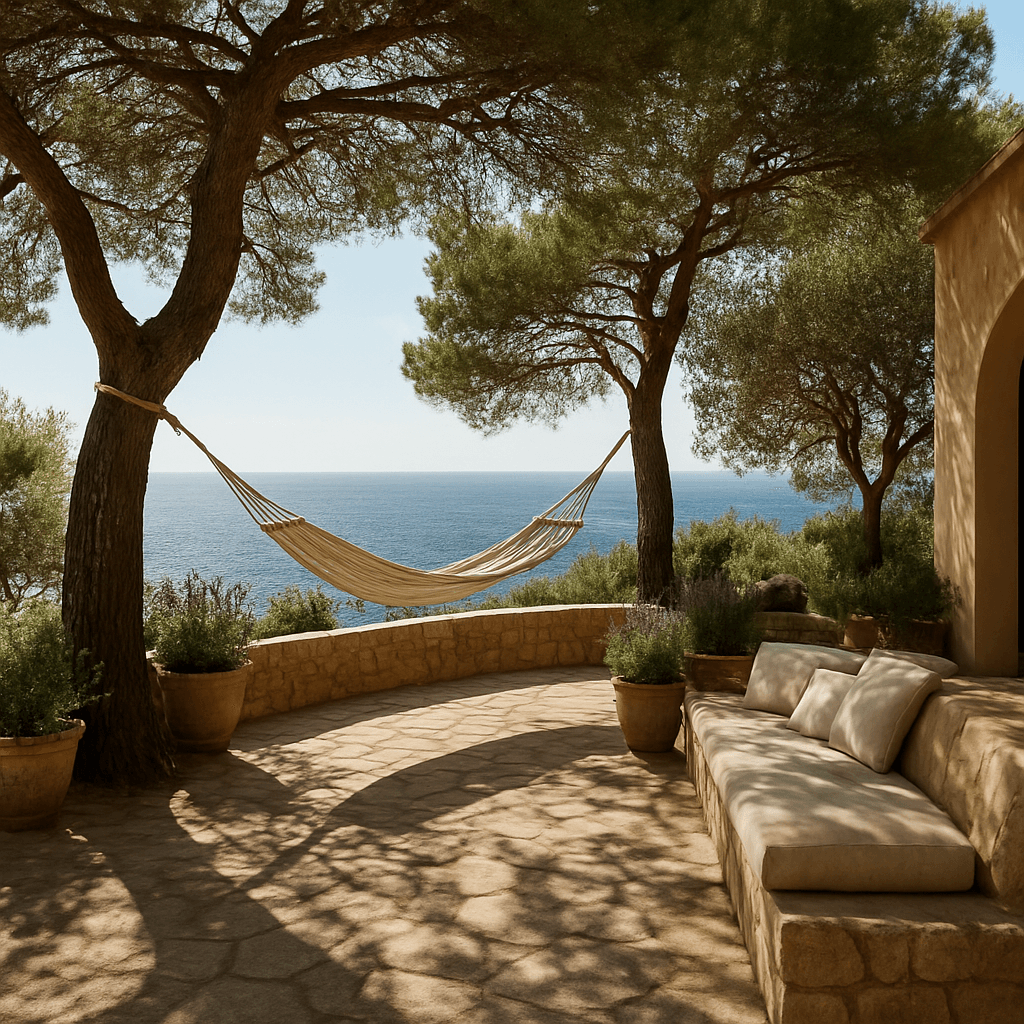 Terrasse de pierre ombragée sous les pins, la mer au loin