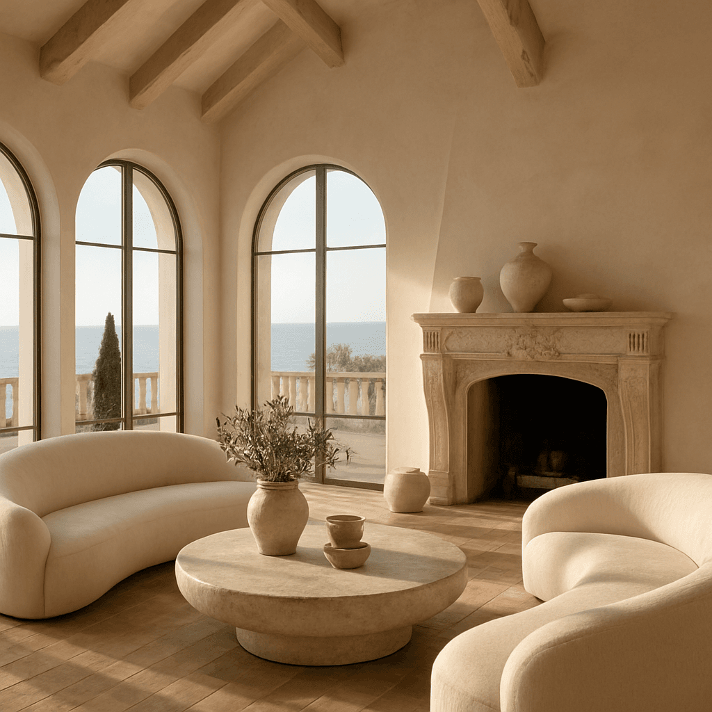 Intérieur lumineux du Domaine Diva, baies ouvertes sur la mer