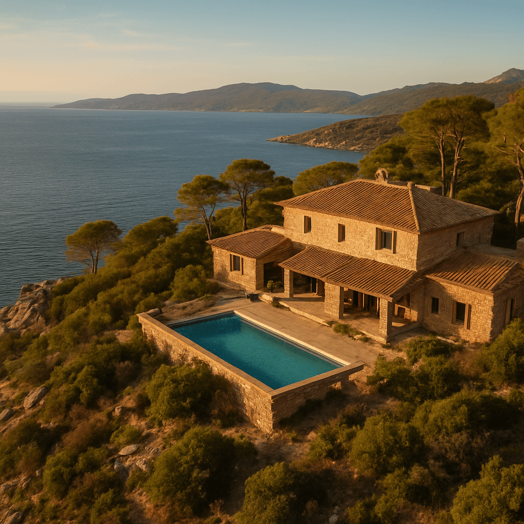 Vue aérienne du Domaine Diva au-dessus du golfe de Porto-Vecchio