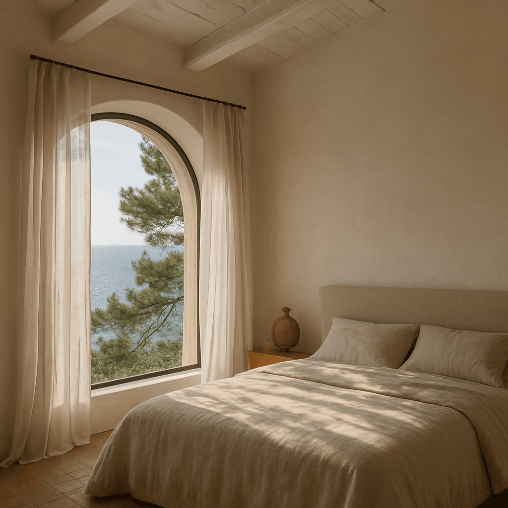 Chambre à la baie en arche et au linge de lin au Domaine Diva
