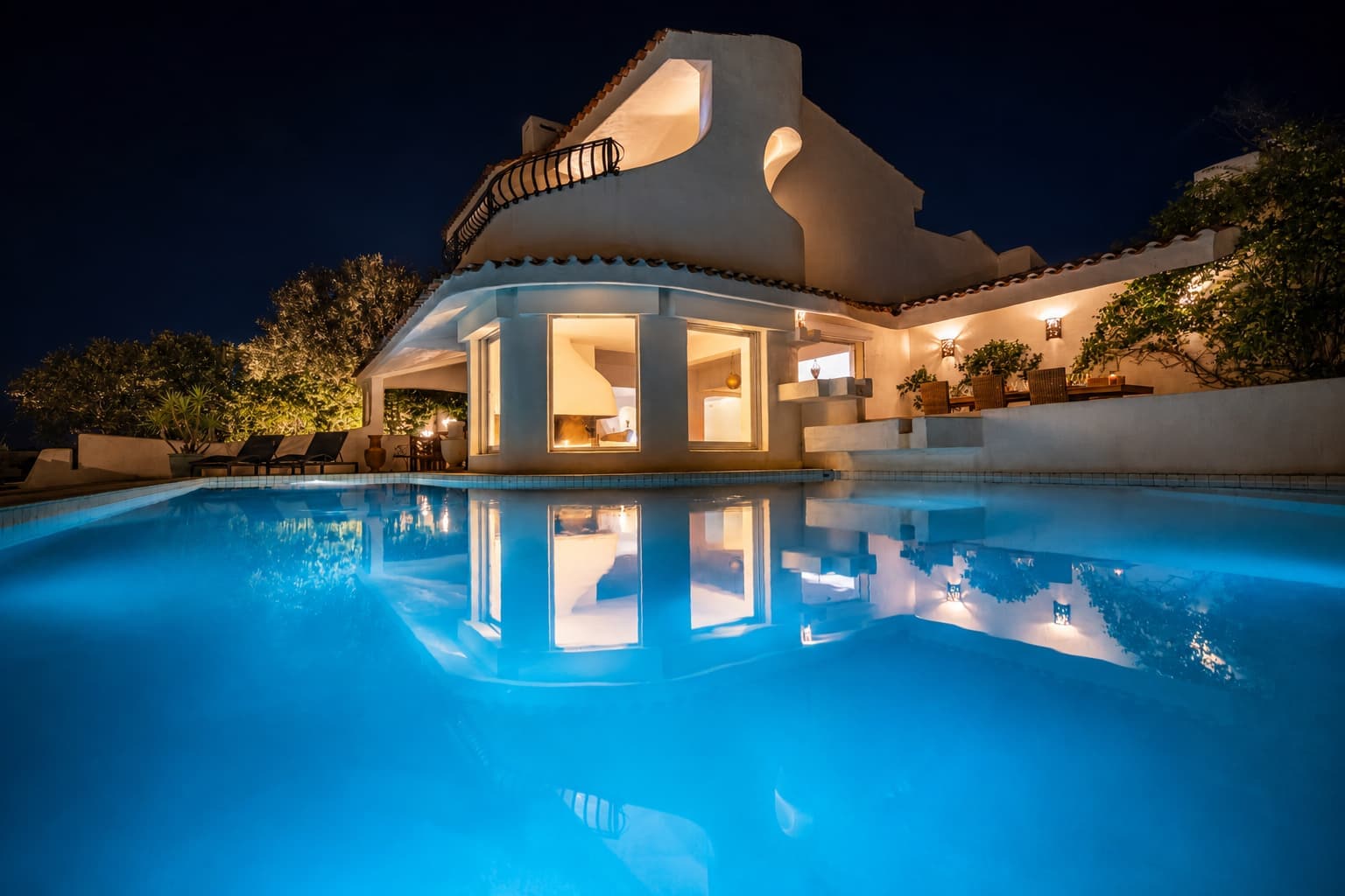 La villa du Domaine Diva se reflétant dans la piscine éclairée, la nuit