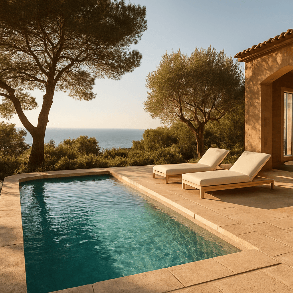 Piscine privée du Domaine Diva, margelle de pierre et vue sur la mer