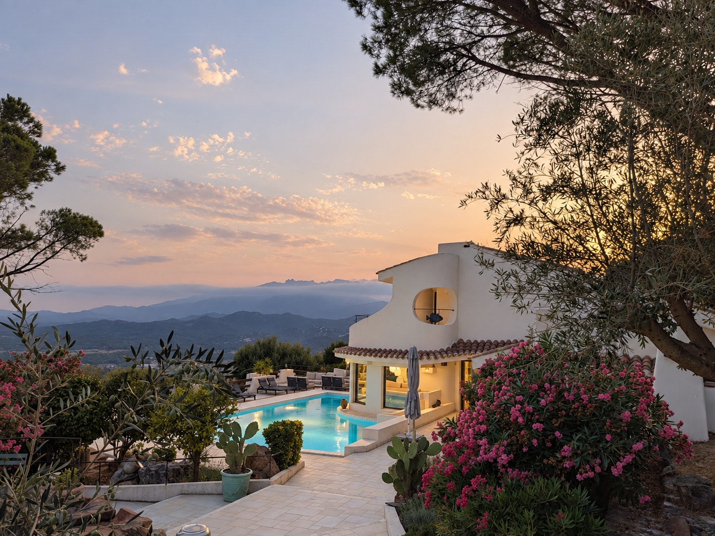 La villa y su piscina al atardecer, frente al golfo de Porto-Vecchio